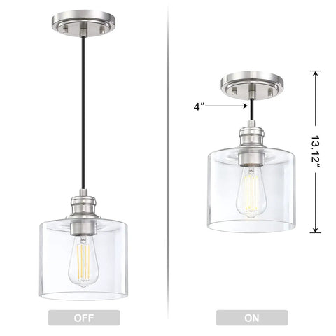 Image of two modes of Three Pack Vintage Hanging Pendant Lights With Brushed Nickel Finish Handblown Clear Glass Classic Farmhouse Style