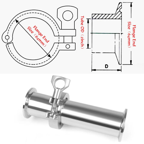 JMCOLMT tri-clamp tube spool: 2 in OD, 304 stainless steel seamless, 6 in length, clamp end 50.5 mm.