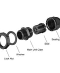 Exploded view of PG11 6 Hole Cable Gland Nylon Joint with Adjustable Locknut, Waterproof IP68 Rated for 1.4-2.1mm Wires, components shown separately.