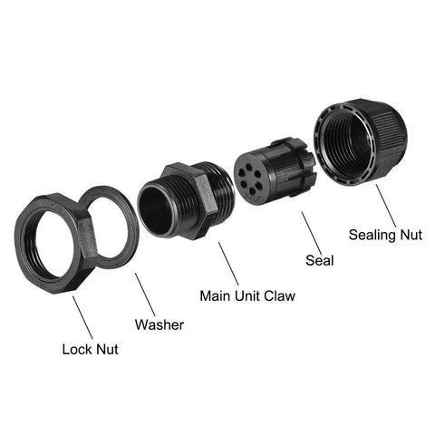 Exploded view of PG11 6 Hole Cable Gland Nylon Joint with Adjustable Locknut, Waterproof IP68 Rated for 1.4-2.1mm Wires, components shown separately.