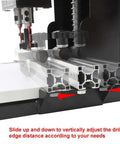 No Sweat Hinge Boring Drill For Slick Cabinet Door Woodworking With 2880 Rpm Motor and adjustable depth setup shown adjusting drilling edge distance.