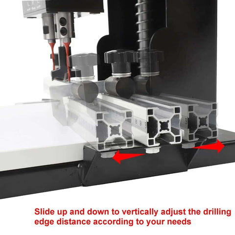 No Sweat Hinge Boring Drill For Slick Cabinet Door Woodworking With 2880 Rpm Motor and adjustable depth setup shown adjusting drilling edge distance.