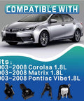 Direct Fit Engine And Transmission Mount Kit For 2003 2008 Toyota Corolla 1.8L Matrix 1.8L And Pontiac Vibe 1.8L With Automatic Transmission Replaces OE A4220 A4219 A4218 A4221 Four Piece Heavy Duty Mount Set shown with compatible car models.