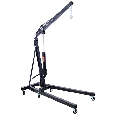 Two Ton Folding Engine Hoist Cherry Picker Shop Crane Made From Badass Heavy Duty Steel With Six Smooth Caster Wheels For No Sweat Engine Pull Downs And Grease Monkey Approved Garage Use Black side view showcasing black powder-coated frame.