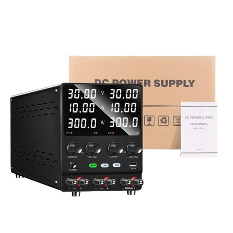 Dual Channel Variable Power Supply 30V10A Lab Bench Power Supply with Independent Control for Series or Parallel Wiring on display