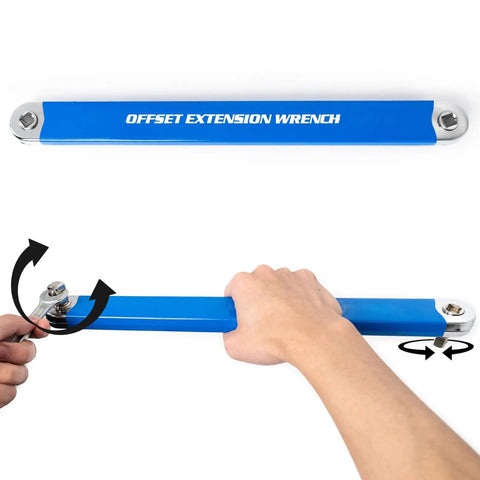 Ratchet Wrench Extender For Hard To Reach Spots, Universal Offset Extension Bar with adapters shown in use.