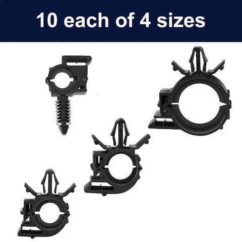Push Mount Car Wire Clips Kit 40 Pack Assorted Sizes for universal auto wiring, 4 black nylon clips in different sizes