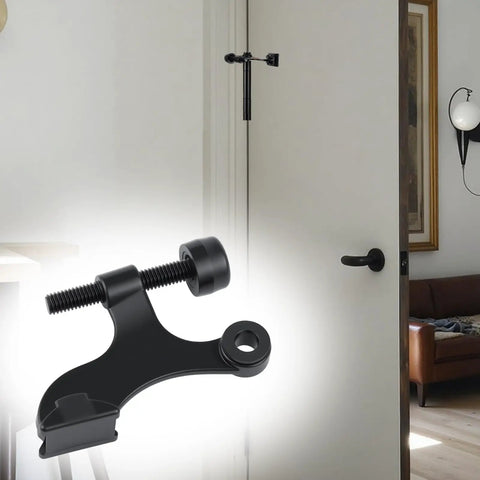 Built Tough Zinc Hinge Pin Door Stops Adjustable Matte Black Finish With Plush Bumper Caps To Save Drywall And Hardwood Floors Effortless Drop In Installation Eight Pack No Drama Setup mounted on a door frame.