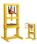 Heavy Duty 6 Ton Hydraulic H Frame Shop Press Delivers Sick Cranking Power And Slick Adjustable Setup For Quick Bearing Swaps Making Every Garage Project A Cinch Classic Yellow Build - detailed view of shop press and adjustable frame.
