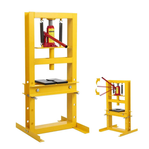 Heavy Duty 6 Ton Hydraulic H Frame Shop Press Delivers Sick Cranking Power And Slick Adjustable Setup For Quick Bearing Swaps Making Every Garage Project A Cinch Classic Yellow Build - detailed view of shop press and adjustable frame.