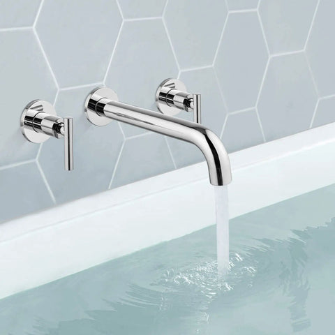 Long Reach Wall Mount Tub Filler With Two Level Handles Solid Brass High Flow Roman Tub Faucet 3 Hole Setup Rough In Valve Included