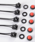 5 Pack 12V Push Button Switches Waterproof On Off Light Switches For LED Rigs Cars Bikes Boats And ATVs UTVs With Rectangular Base And Wire Leads Includes Durable Copper Contacts And Sealed Rubber Boot For Superior Weatherproof Performance. 5 red waterproof 12V push button switches with wire leads and rubber boots