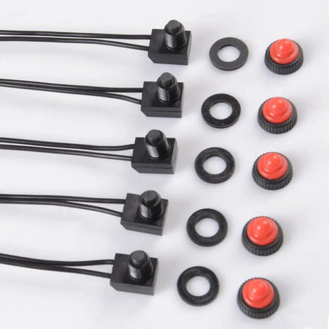 5 Pack 12V Push Button Switches Waterproof On Off Light Switches For LED Rigs Cars Bikes Boats And ATVs UTVs With Rectangular Base And Wire Leads Includes Durable Copper Contacts And Sealed Rubber Boot For Superior Weatherproof Performance. 5 red waterproof 12V push button switches with wire leads and rubber boots