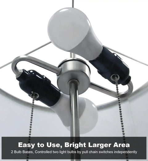 Close-up of Modern Two Light Floor Lamp with dual pull chains and E26 sockets, part of brushed nickel finish and white lampshade design.