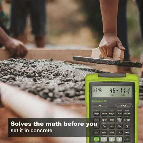 ConcreteCalc Pro Advanced Feet Inch Fraction And Metric Construction Calculator used on a concrete worksite.
