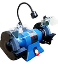 Eight Inch Industrial Bench Grinder 3600 Rpm 1 Horsepower Dual Voltage Shop Dog with adjustable tool rest and spark guard.