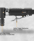 Lightweight One Quarter Inch Air Powered Right Angle Die Grinder delivers badass pneumatic muscle with safety trigger for easy control.