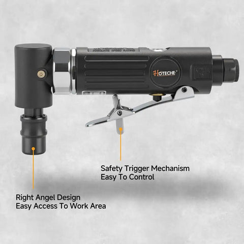 Lightweight One Quarter Inch Air Powered Right Angle Die Grinder delivers badass pneumatic muscle with safety trigger for easy control.