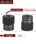 Close-up of RC Pinion Gear Set 48P 3.175mm Shaft Hardened Steel 17T gear dimensions highlighted