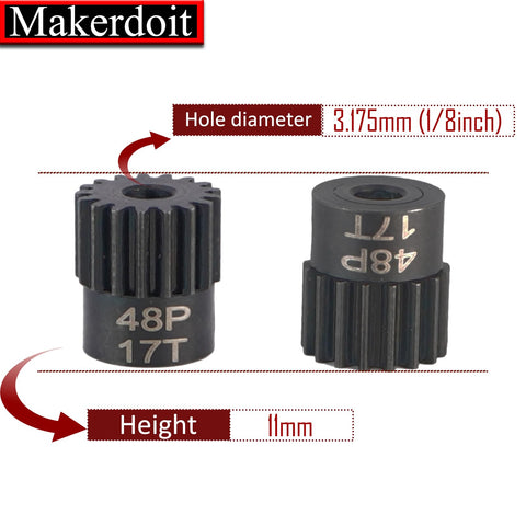 Close-up of RC Pinion Gear Set 48P 3.175mm Shaft Hardened Steel 17T gear dimensions highlighted