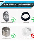 PEX Ring Compatibility image showing stainless steel crimp rings, copper rings, and press sleeve rings, indicating proper fittings.