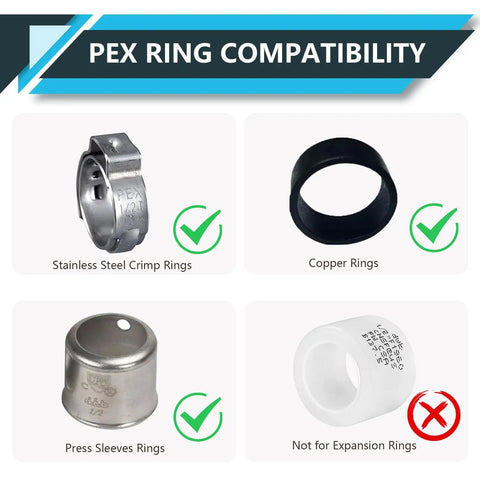 PEX Ring Compatibility image showing stainless steel crimp rings, copper rings, and press sleeve rings, indicating proper fittings.
