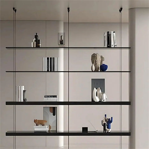 Sleek Black Four Tier Wall Mounted Storage Rack With Solid Aluminum Alloy Shelves For Living Room Decor Vintage Style Hanging Bookcase displaying books and decorative items.