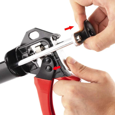 Hands adjusting Dual Epoxy Gun For 200 mL 6.75 Fl Oz Panel Bonding Adhesive 2 To 1 Mix Ratio Double Cartridge Auto Body Repair Tool