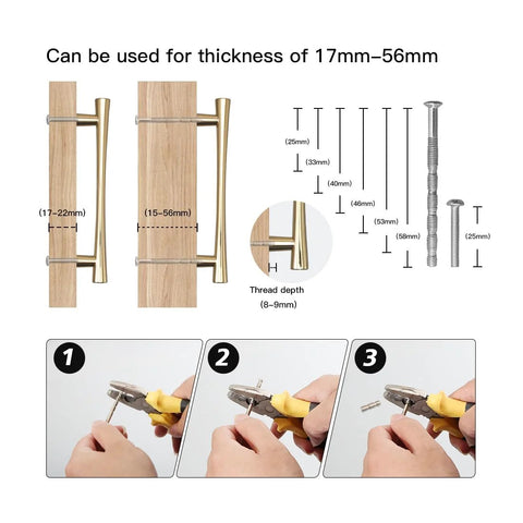 Diagram of polished brass cabinet pull installation with screw dimensions for cabinets 17mm-56mm thick.