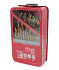 Pro HSS Twist Drill Bit Kit For Steel And Wood Jobs, Bombproof High Speed Steel Set Fits All Hand Drills Plus Screwdrivers With Storage Box And Max Ten MM Shank Capability. Red 25-piece HSS drill bit set in storage box, 1-13 mm for steel and wood
