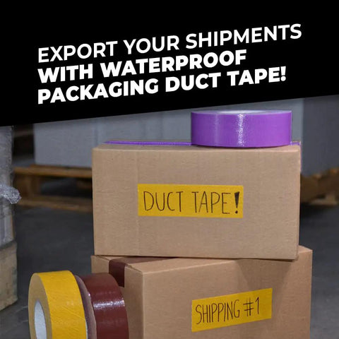 Boxes with duct tape rolls labeled waterproof packaging, featuring Industrial Grade Black Duct Tape Ultra Tough As Nails Half Inch By 60 Feet Waterproof UV Resistant For DIY Projects Home Improvement Crafts Repairs And Everyday Fixes.
