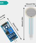 Thin Film Pressure Sensor FSR402 for DIY Arduino Projects with transducer and voltage module dimensions shown