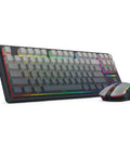 Wireless Mechanical Keyboard And Mouse Combo With Tri Mode Connectivity And Glowing Rgb Backlighting For Zero Cable Chaos And Sick Gaming Setups On Any Clean Office Desk In Matte Black showing TKL keyboard and mouse with RGB lights.