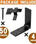 Heavy Duty Gate Hinges And Latch Set 4 Pack includes 4 black T hinges and mounting screws for outdoor use.