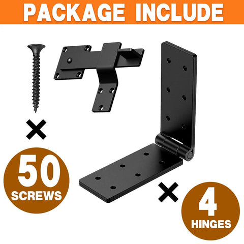 Heavy Duty Gate Hinges And Latch Set 4 Pack includes 4 black T hinges and mounting screws for outdoor use.
