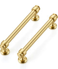 Two brushed gold aluminum cabinet handles, 5 inch center hole, straight bar design, durable hardware for kitchen cabinets.