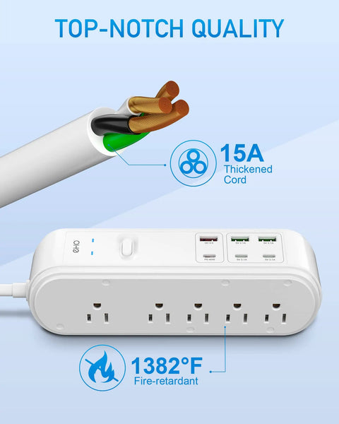 Top-notch quality All In One Power Strip Surge Protector With USB C PD, thickened 15A cord, fire-retardant design, 6 outlets