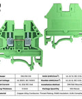 Front and side view of Green DK2.5N-GN DIN Rail Terminal Block Screw Type UL 600V 20A 12-22AWG Pack Of 100