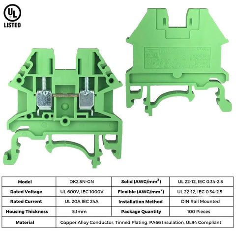 Front and side view of Green DK2.5N-GN DIN Rail Terminal Block Screw Type UL 600V 20A 12-22AWG Pack Of 100