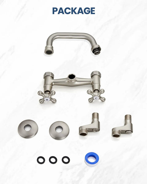 Wall Mount Kitchen Faucet With 6 Inch Spout Brushed Nickel Pro Grade Build Double Handles Hot And Cold Mixer Tap package contents