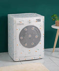 Washing Machine Cover Front Load Waterproof Dustproof Protector with floral design in modern home setting, zipper access visible.