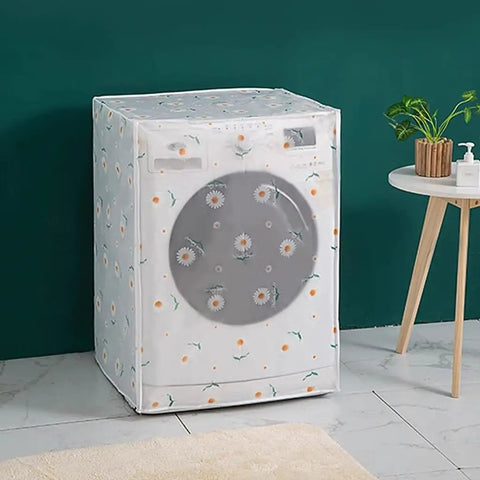 Washing Machine Cover Front Load Waterproof Dustproof Protector with floral design in modern home setting, zipper access visible.