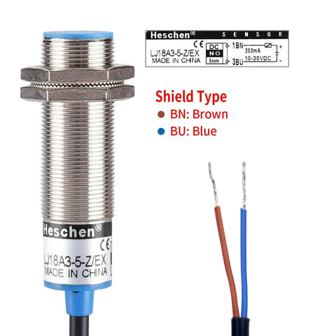 Inductive Proximity Sensor Shield Type LJ18A3-5-Z EX 5mm Detection, M18 10 To 30V DC NO 2 Wire Output 200mA Shielded Sensor For Metal Objects Reversal Protection And Short Circuit Guard Easy Install