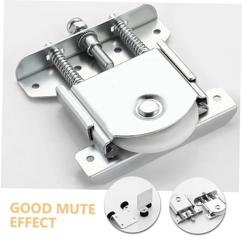 Sliding Glass Door Roller Pulleys Set for Wardrobe and Cabinet Tracks, heavy-duty steel roller, silver, quiet operation.