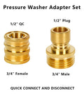 Brass pressure washer quick-connect adapter kit with four fittings, including 1/2" QC and 3/4" male/female connectors.