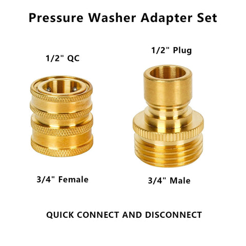Brass pressure washer quick-connect adapter kit with four fittings, including 1/2" QC and 3/4" male/female connectors.