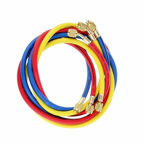 ANTFEES AC charging hose set, three 72-inch refrigerant hoses coiled in red, blue, yellow with brass fittings