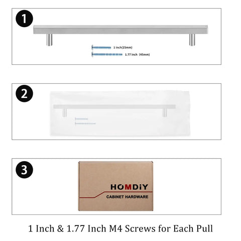 Image showing brushed nickel cabinet handle, 1 inch and 1.77 inch screws, and packaging from 30 Pack Brushed Nickel Cabinet Handles Drawer Pulls For Kitchen Cabinets And Dressers, 3 Inch Center To Center, 5 Inch Total Length, 1.34 Inch Projection, Easy Install, Durable Stainless Steel Hardware For A Sleek Budget-Friendly Modern Home Upgrade.