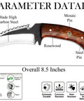 Detailed view of an 8.5-inch Handmade Hunting Knife With Stainless Steel Blade And Brown Wood Handle Fixed Blade Outdoor Camping Utility Knife