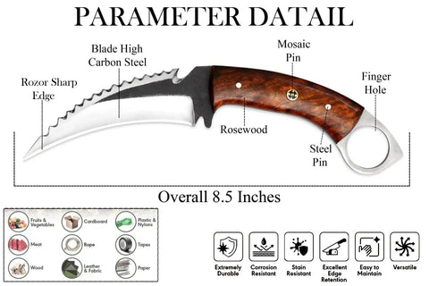 Detailed view of an 8.5-inch Handmade Hunting Knife With Stainless Steel Blade And Brown Wood Handle Fixed Blade Outdoor Camping Utility Knife